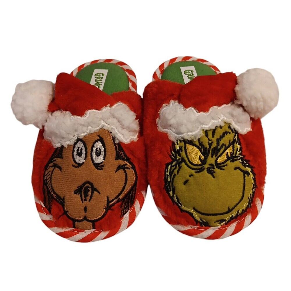 Dr. Seuss Grinch & Max the Dog Christmas Kids Size 7-8 Red Green Slippers‎ READ